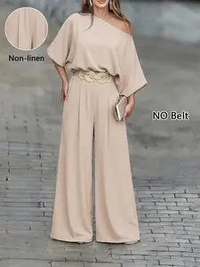 Women's Asymmetrical Batwing Sleeve High-Waisted Wide-Leg Pants Set, Summer Loose-Fitting Casual Suit, Spring & Fall Fashion（Belt not included）