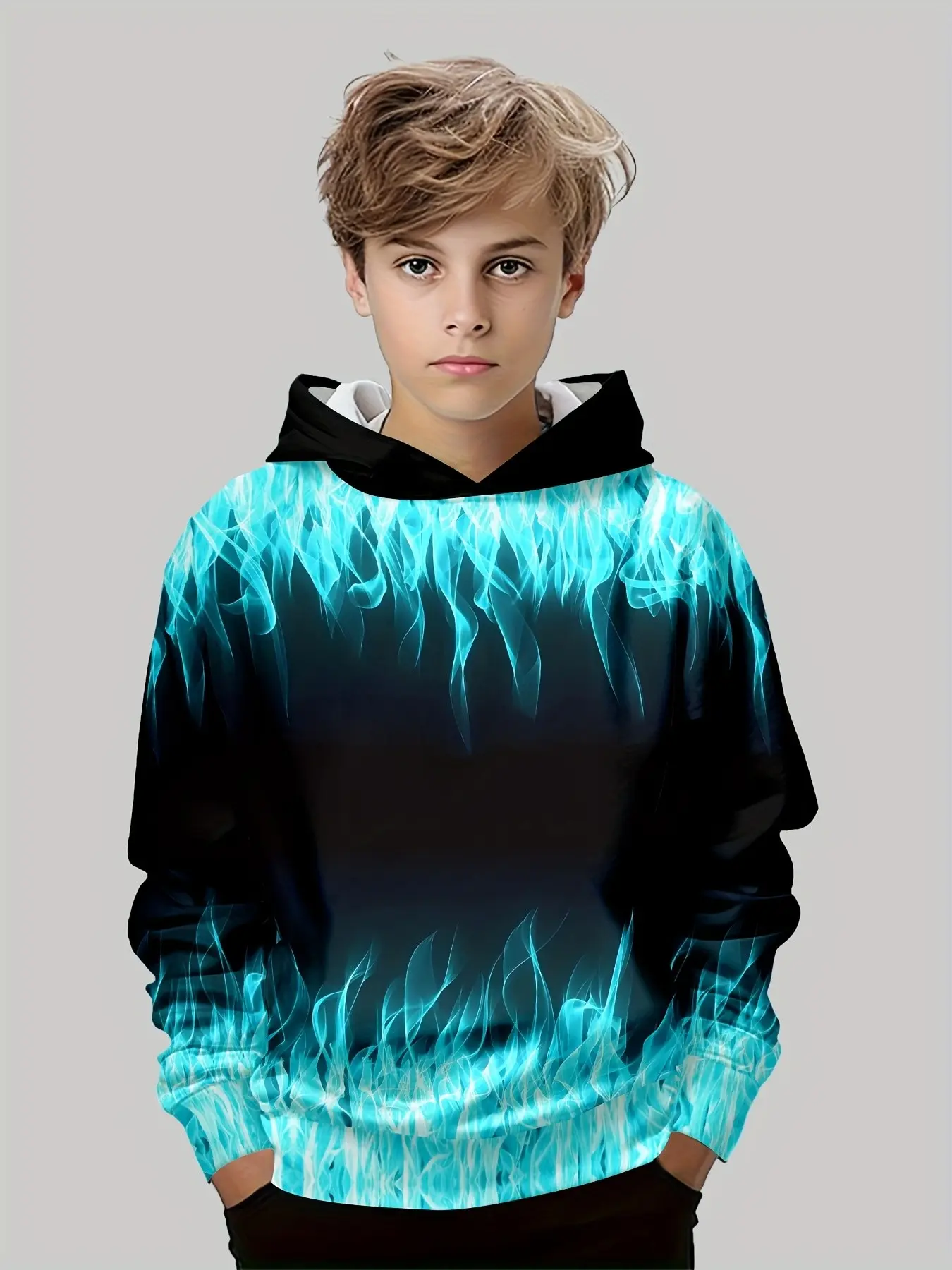 Blue Flame Print Hoodie for Boys, Casual Long Sleeve Sweatshirt, Loose-Fitting Graphic Top, Fall Fashion, Kids' Clothing