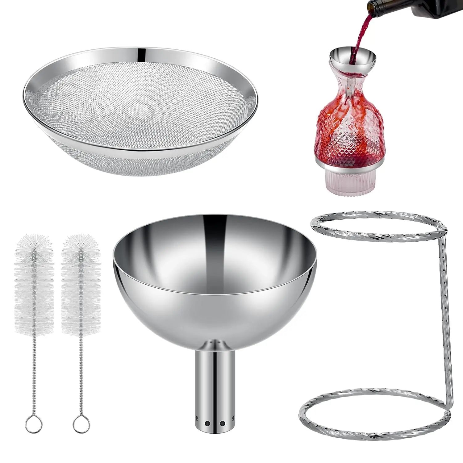 5 count  Aerator Shower Funnel with Mesh Sediment Strainer Stainless Steel Aerating Decanter Funnel with Filter Stand Screen and Brushes for  Lover