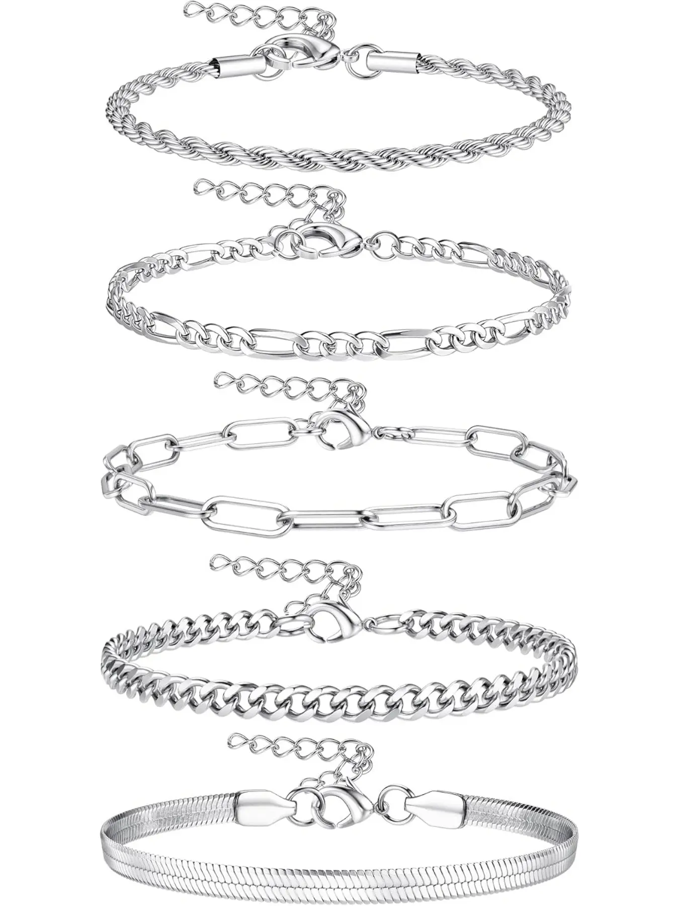 5 Pcs Silver Bracelets for Women Ladies 16K Gold Plated Bracelet Set Silver Layered Dainty Link Chain Bracelet Adjustable Stackable Bracelets Gold/Silver Jewellery for Women
