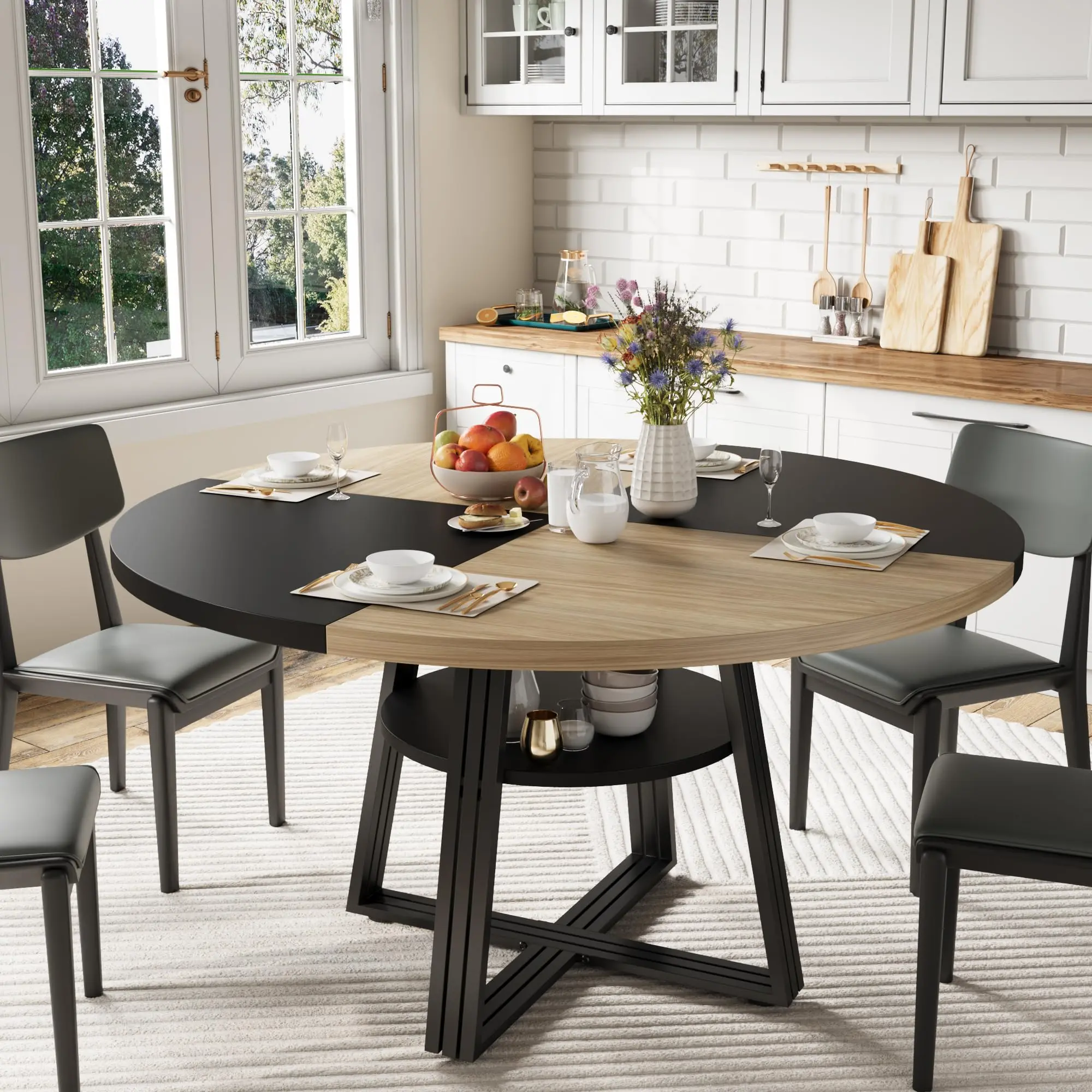 Farmhouse Round Dining Table (Without Chairs), 47.2 Inch & 42 Inch Options with Storage Shelf, Seats 4 to 6 People, Space-saving Circular Table for Kitchen, Home and Apartment
