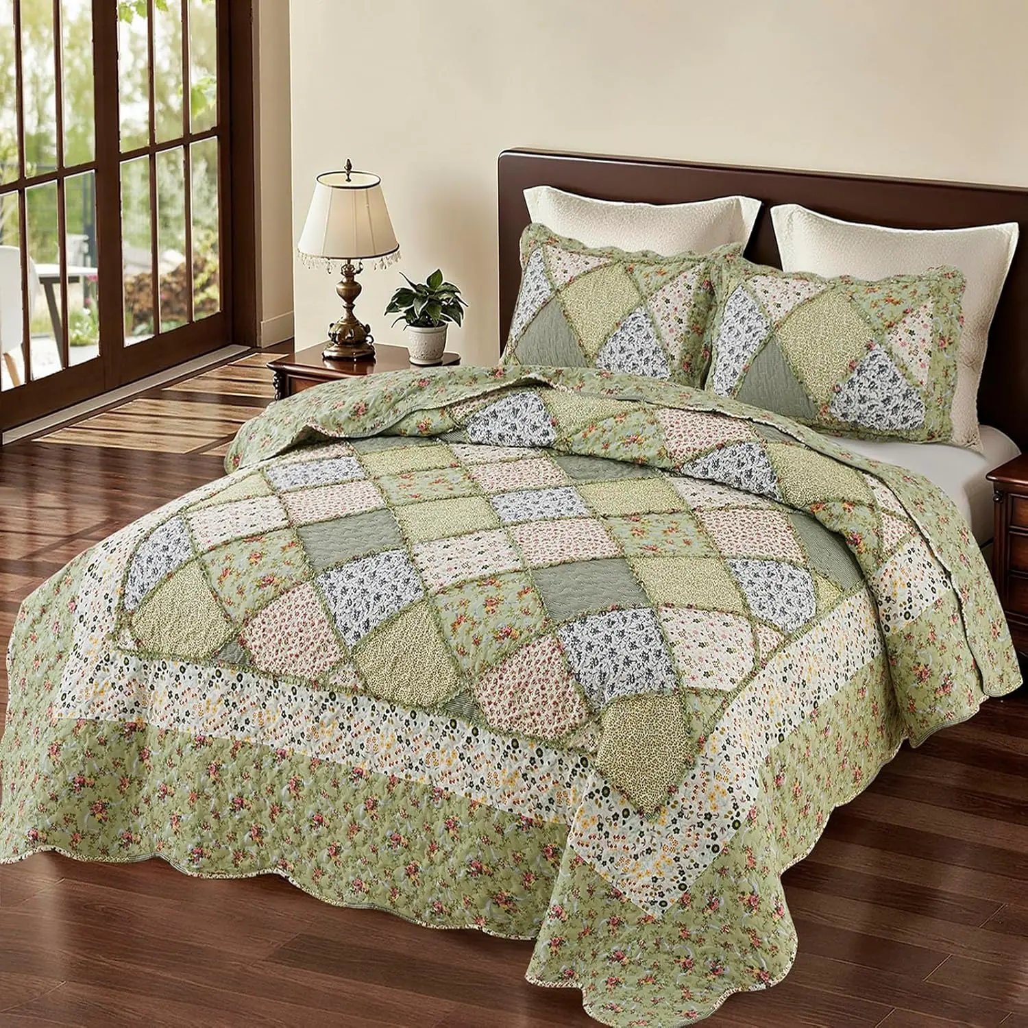Full/ Size Quilt Set Green Floral Patchwork Bedspreads Coverlet Set |  3- Reversible Floral Bedding Set Lightweight Comforter  Bed Sheet Set Cover Blanket with 2 Pillow Shams