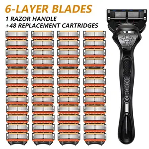Men's Manual Razor Set, 1 Handle with 48 Blades, Sharp and Durable, Easy to Clean, Facial Shaving Tool, Stainless Steel Material