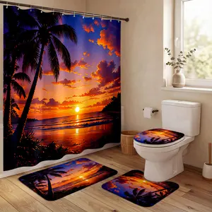 Tropical Sunset Shower Curtain Set - Vibrant Orange Purple Sky with Palm Tree Silhouettes Beach View Bathroom Decor, Island Paradise Design Perfect for Summer Vacation, Coastal Home, Exotic Aesthetic