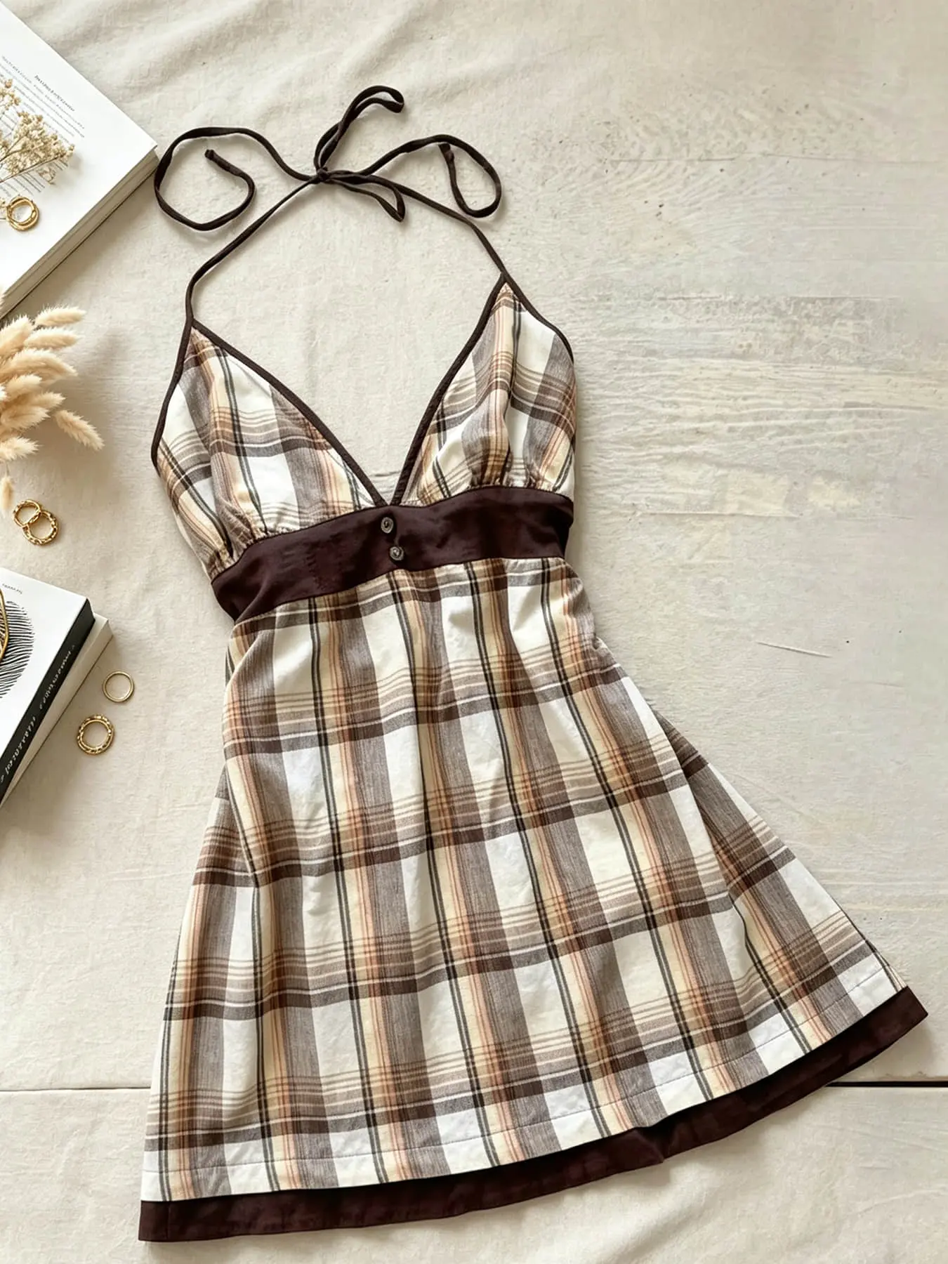 A women's fashionable coffee brown retro plaid hanging neck suspender short skirt with a deep V-neck tie design A-line dress, suitable for commuting indoor and outdoor wear