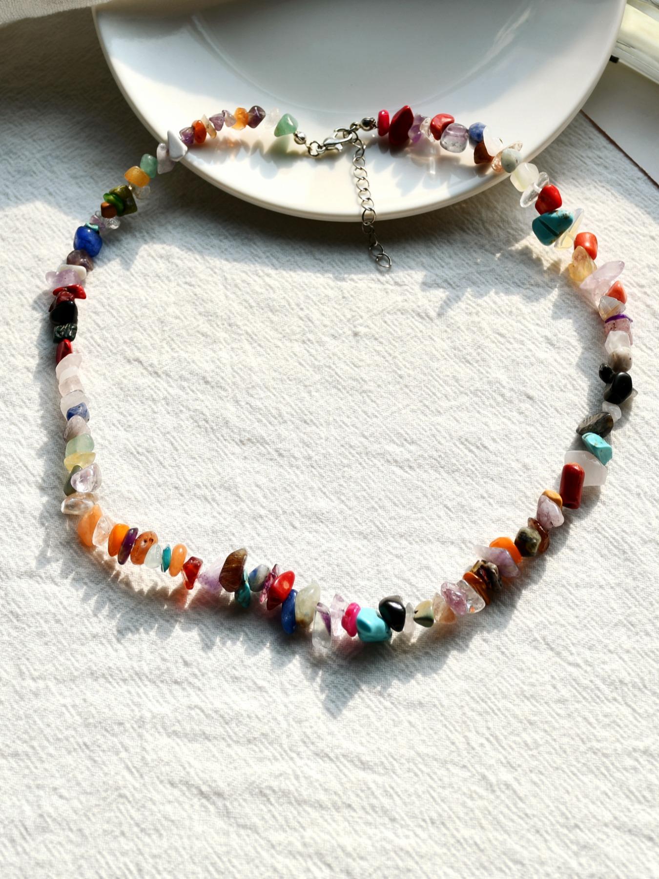 Random Pattern Artificial Gemstone Decor Beaded Necklace (1 Piece), Boho Style Jewelry For Women & Men, Fashion Accessories For Party, Daily Clothing Decor, Trendy Charms Necklace