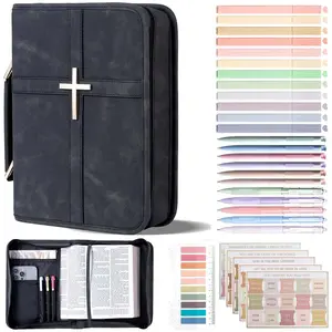 Classic Vegan Leather Bible Cover with Metal Cross Design Handle,include Pens, Tabs, Study Supplies Journaling Kit Zipper Bible Case Organizer Bag Durable Bible Study Supplies Carrying Bag for Men Women Christian Religious Daily Use