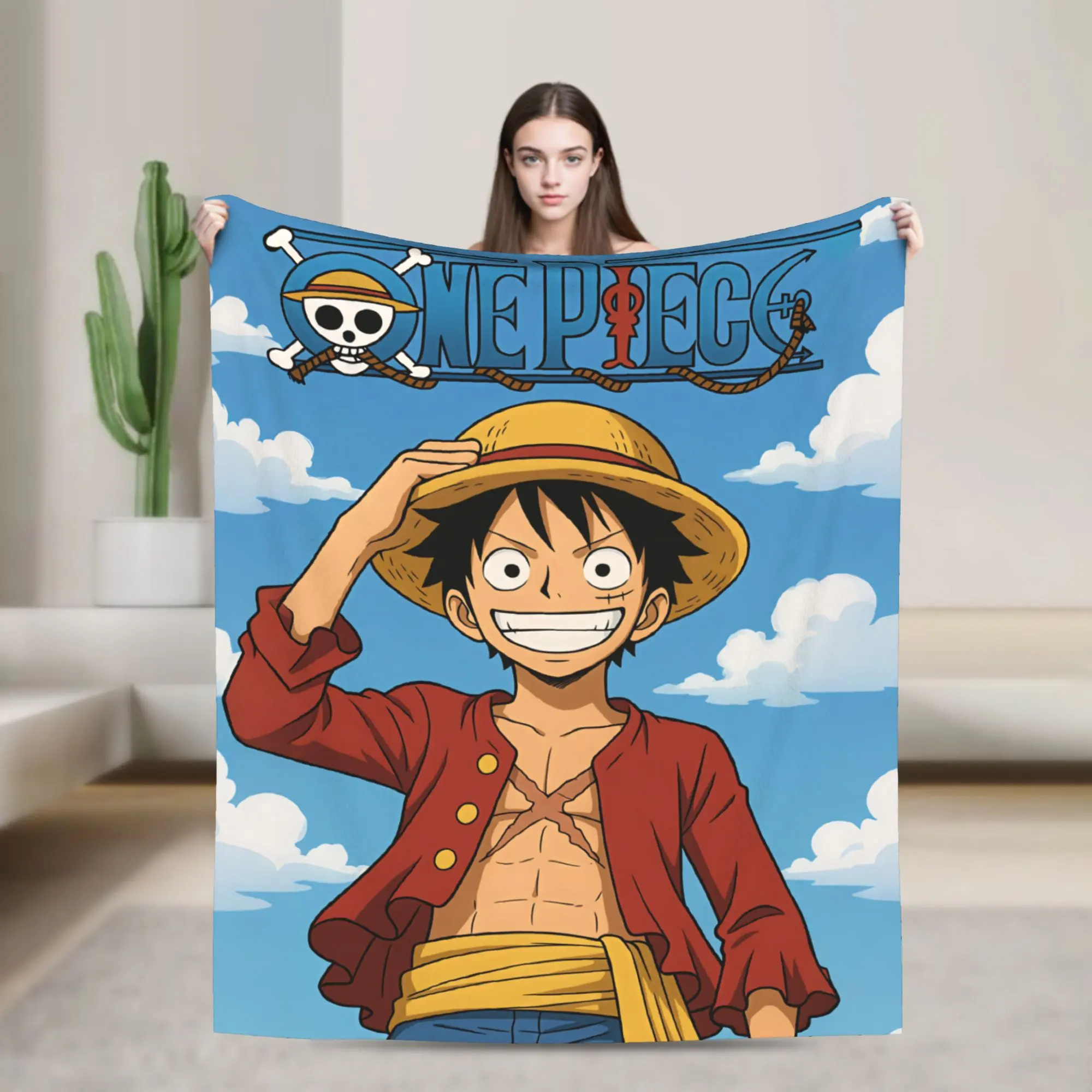 One Piece Anime Flannel Blanket - Monkey D. Luffy with Straw Hat on Blue Sky Background Throw Blanket for Bed Couch Sofa