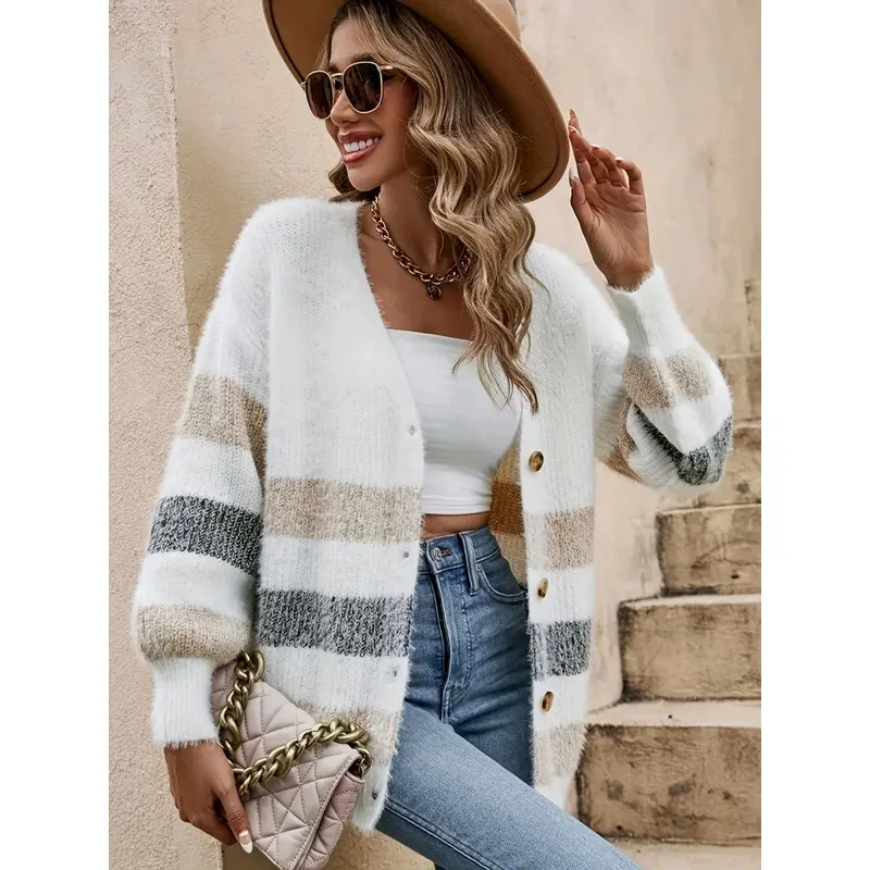 Women's French-Stripe Off-Shoulder Long Polyester Knitwear Cardigan, 2026 Style, All-Seasons Wear, Machine-Washable