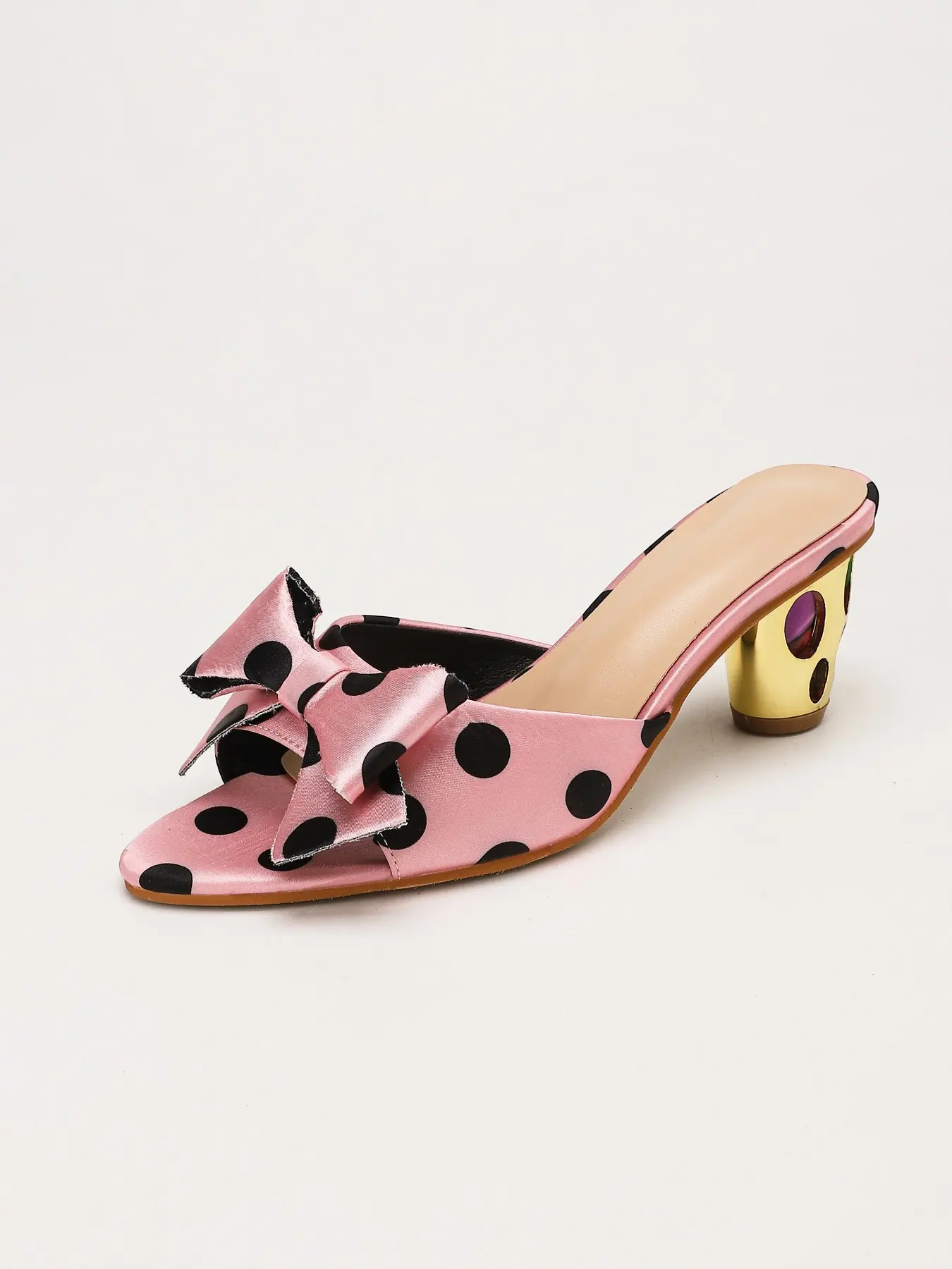 Sweet Polka Dot Satin High Heel Sandals, Large Bow Square Toe Thick Heel, Hollow Out Design, French Vintage Women's Shoes, Bow Decorated Sandals