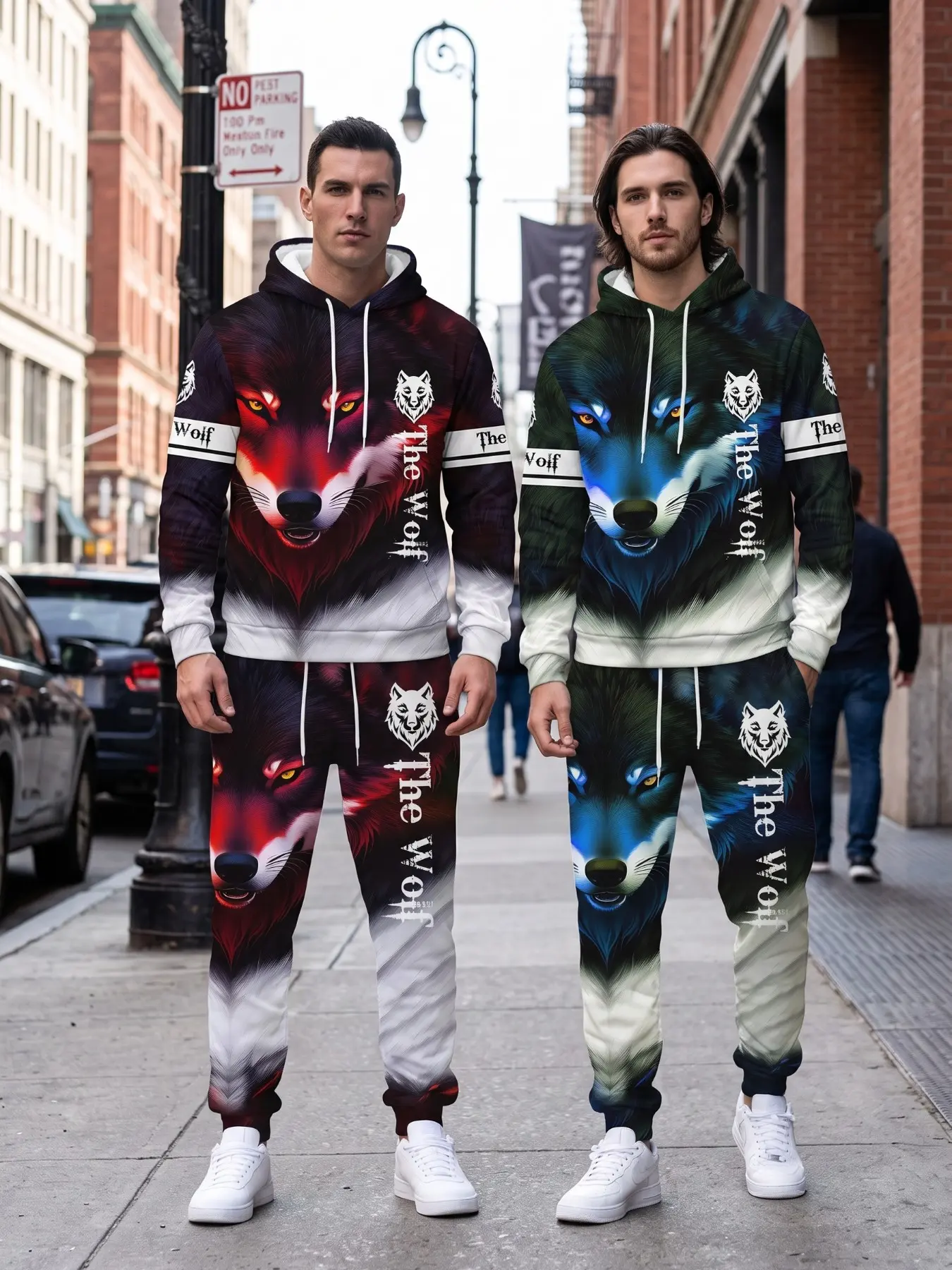 4-Piece Gradient Wolf Head 3D Print Hoodie Set, Wolf King Pattern Hooded Sweatshirt, Loose-Fit Ankle-Length Pants, Casual Streetwear