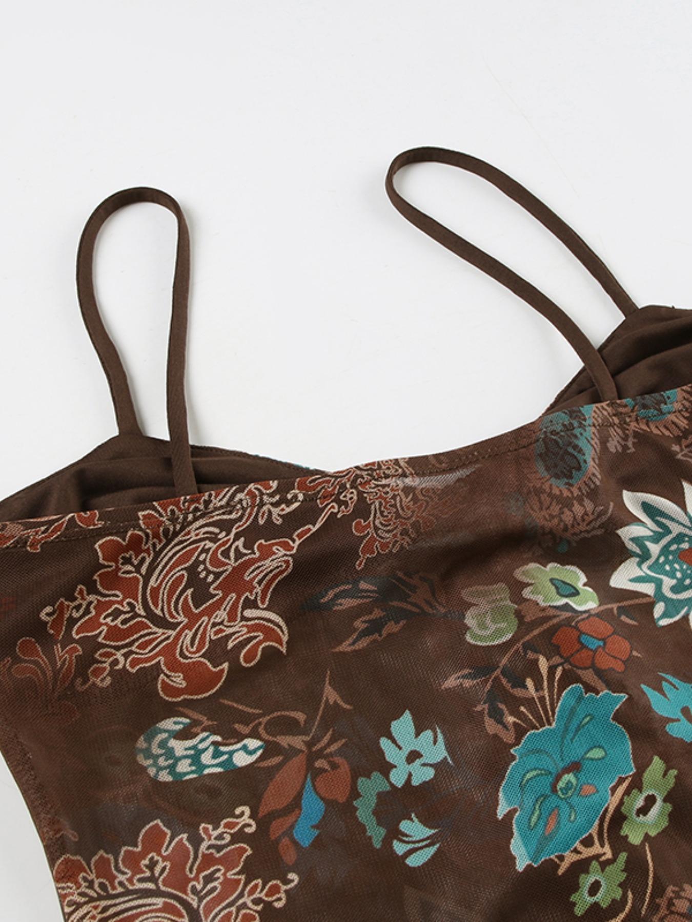 Women's Floral & Paisley Print Cami Top, Boho Sleeveless Spaghetti, Vintage Casual Top for Summer, Women's Clothing for Daily Wear