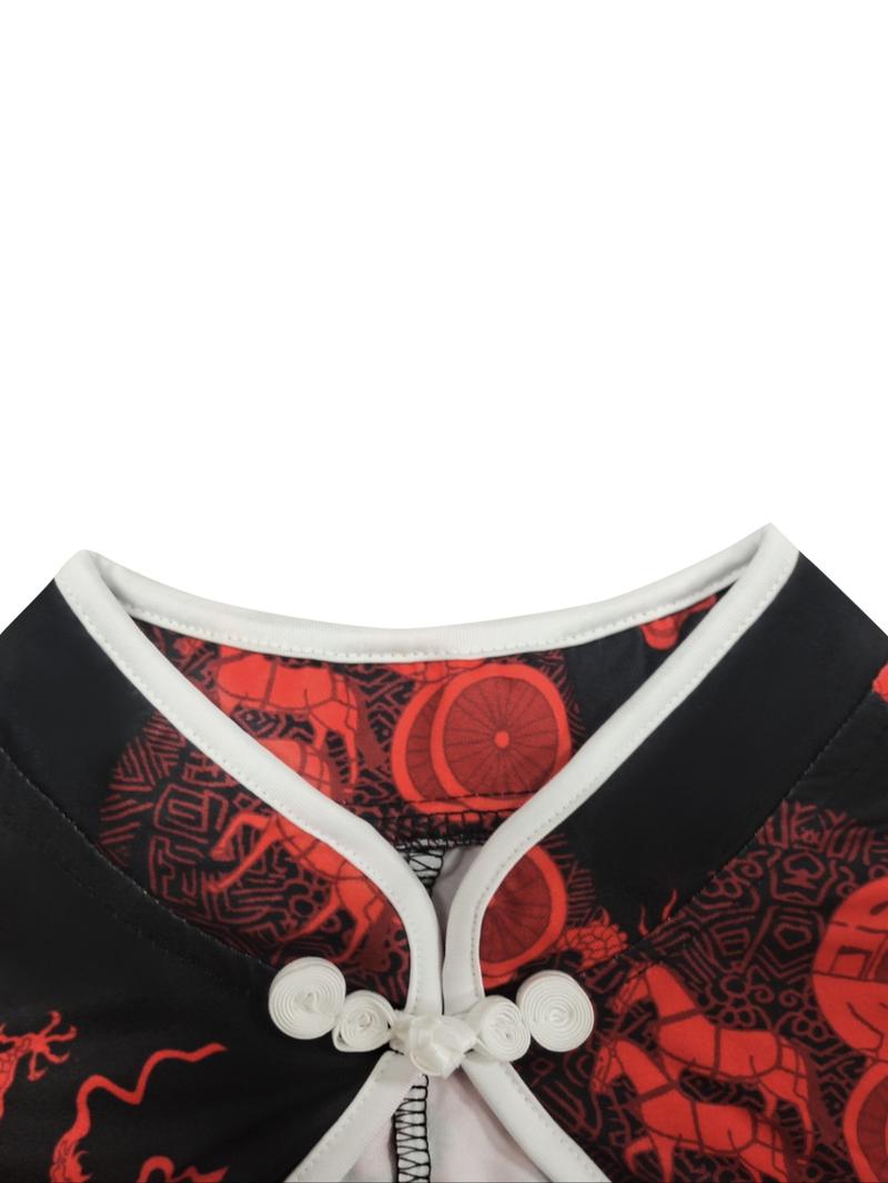 【plus Size】 Ethnic Pattern Mandarin Collar Bodycon Dress, Elegant Short Sleeve Short Dress for Party Holiday Wedding Guest, Women's Clothes for All Seasons, Formal Dress Hides Tummy, Shortsleeve Womenswear