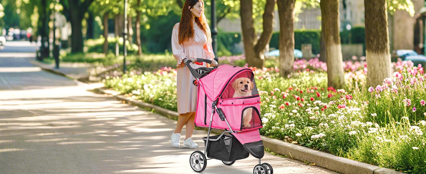 AGS Foldable Pet Stroller for Cats and Dogs 3 Wheels Carrier Strolling Cart with Weather Cover, Storage Basket + Cup Holder (Pink)
