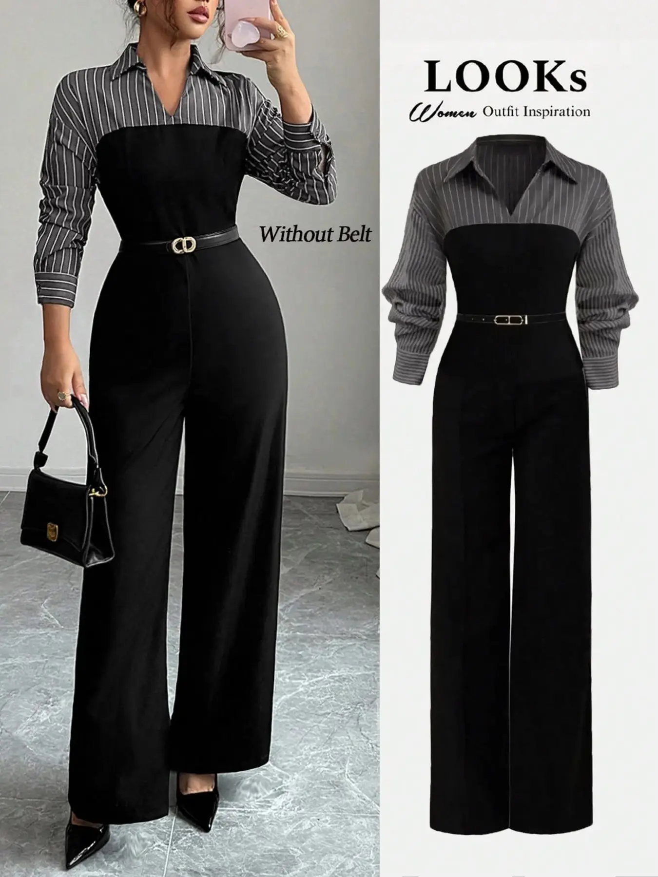 Women's Long Sleeve Striped Shirt Jumpsuit, Slim-Fitting Casual Office Wear, Plain Color Patchwork Design, No Belt Included
