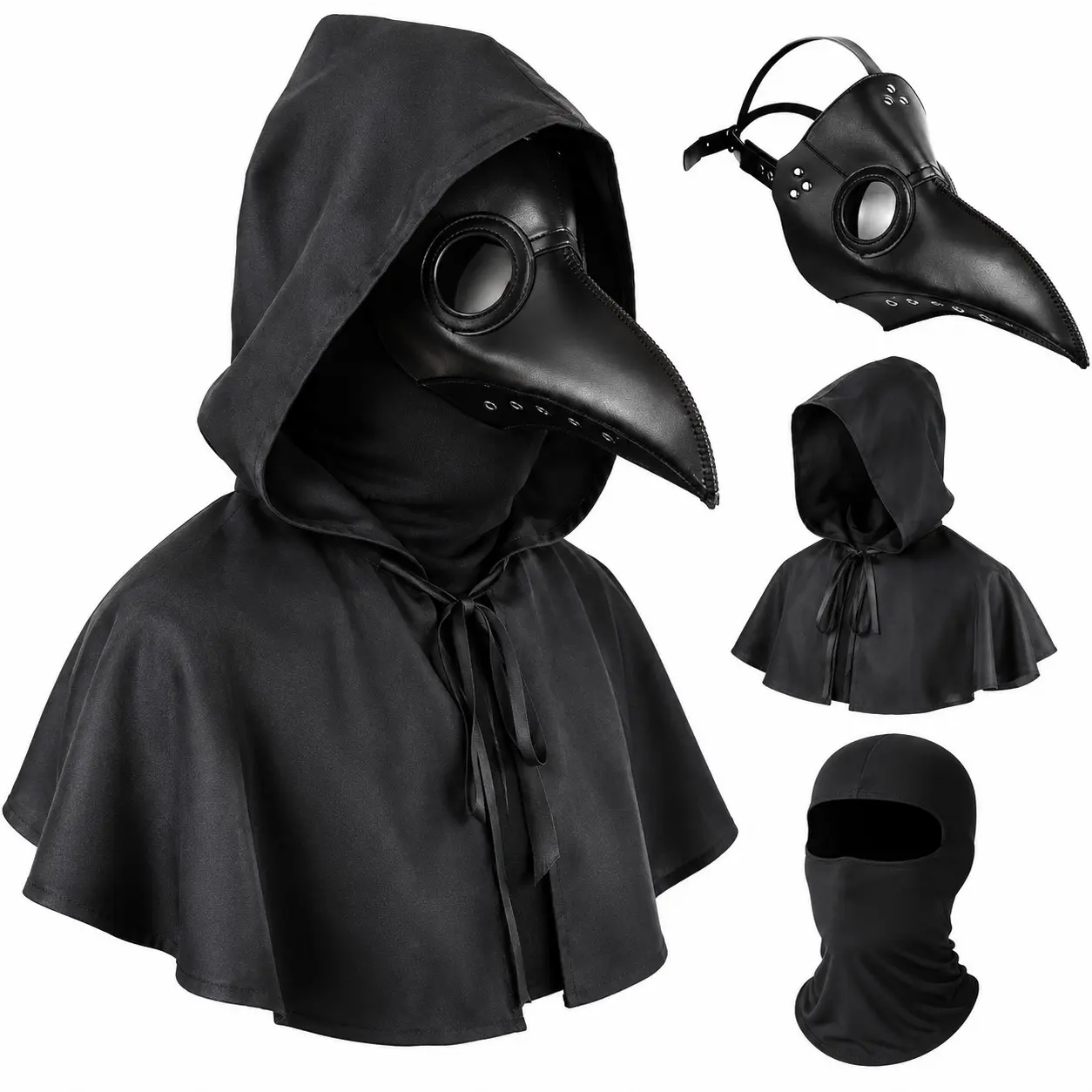 3-Piece Plague Doctor Costume Set, Bird Beak Mask with Hooded Cloak and Balaclava, Steampunk Halloween Role Play