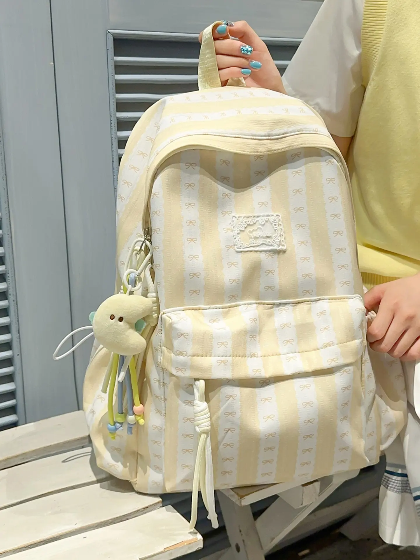 Striped Bow Print Backpack, Cute Style Large Capacity Teen Girls School Bag, Lightweight Daily Laptop Shoulder Bag, Optional Moon Plush Pendant