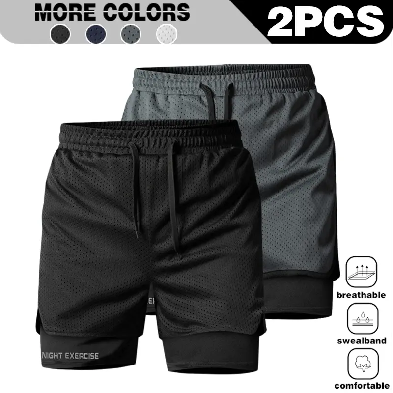 Men's Double-Layer Mesh Sport Shorts for Summer - Quick-Drying, Breathable, Fitness, Running Training, Anti-Show, Five-Finger Shorts