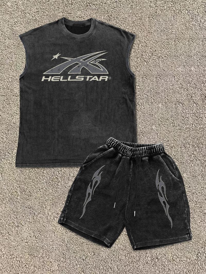 Men's Star & Letter Print Tank Top & Shorts Two-Piece Set, Regular Fit Casual Street Sleeveless Top & Shorts for Daily Wear, Men's Clothing for All Seasons, Cotton