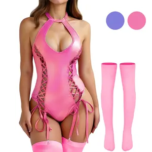 3 Piece Lingerie Set for Women Classic Sexy Shiny Metallic Halter Bodysuit Fishnet Leather Look Faux Strap Teddy Trending Festival Rave Costume