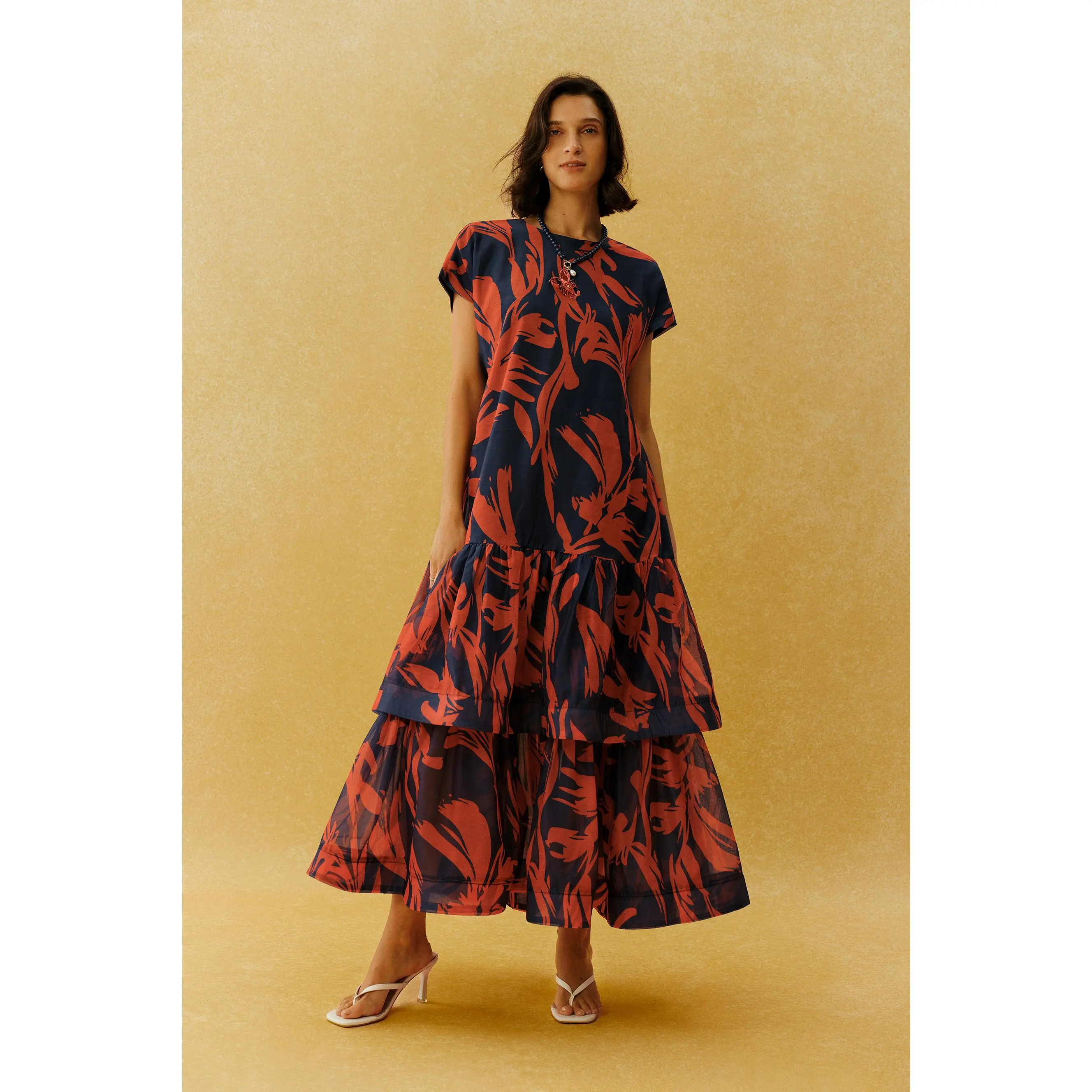 Sunfere Red Leaf Print Cap Sleeve Maxi Dress - Tiered Ruffle Waist Tie Belt Relaxed Resort, Vacation Holiday Outing Afternoon Gathering