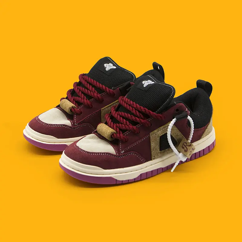 Burgundy Suede Cork Panel Skate Sneakers Unisex Chunky Wine Red Rope Laces Cream Purple Two-Tone Platform Low Top Vintage Street Casual Board Shoes