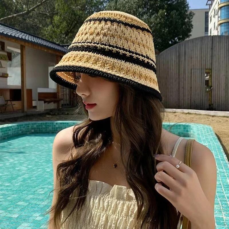 1pc Women's Summer Striped Colorful Openwork Fisherman Hat,Knitted Bowl,Breathable Thin Foldable Sun Bucket Hat for Tralve,party