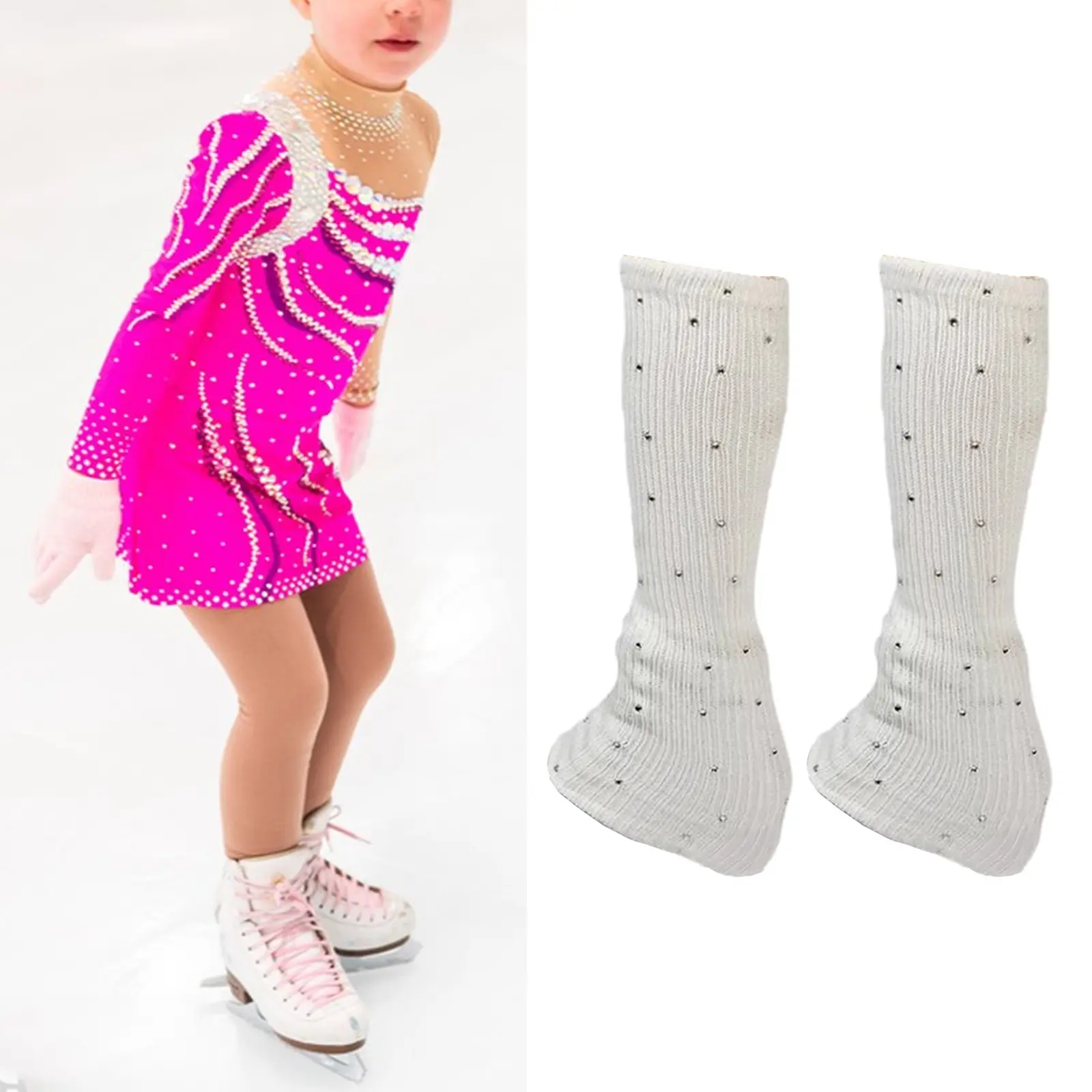 Figure Skating Knit Leg Warmers with Rhinestones, Long Leggings for Ice Sports, Pair with Tight Pants, Shorts, Dresses, Ice Skates