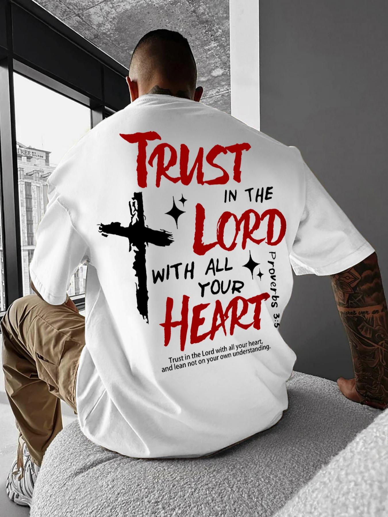 Men's Cross & Letter Print Round Neck Graphic Tee, Casual Short Sleeve T-shirt for Daily Wear, Men's Top for All Seasons