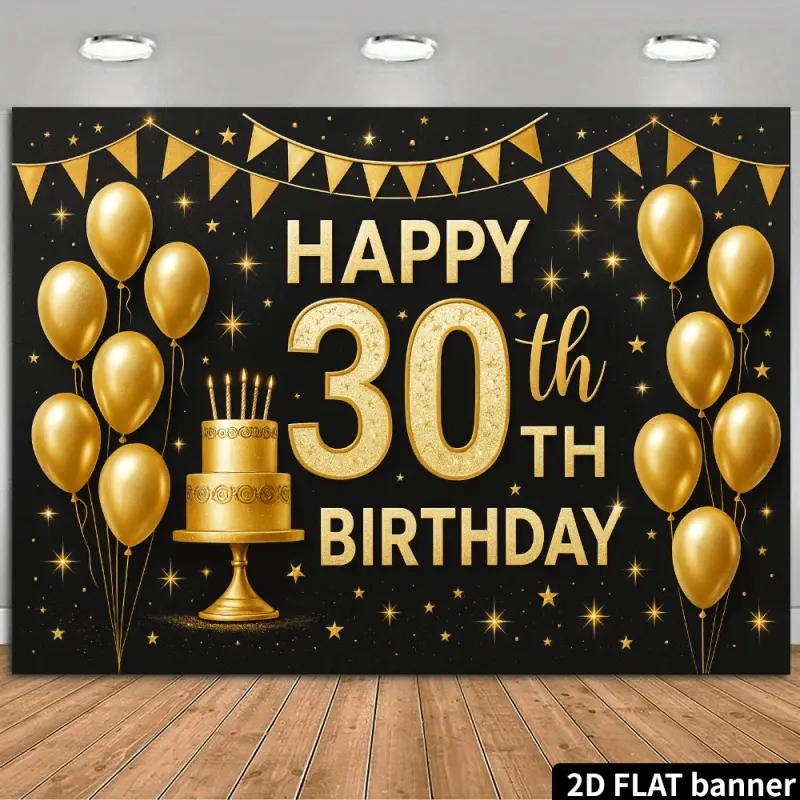 Golden 30th Birthday Luxury 2D Flat Banner Backdrop Happy Birthday Backdrop | Diamond Balloons Party Photo Shoot Decor Happy Birthday Decorations  Single-sided polyester fabric, metal grommets for easy hanging