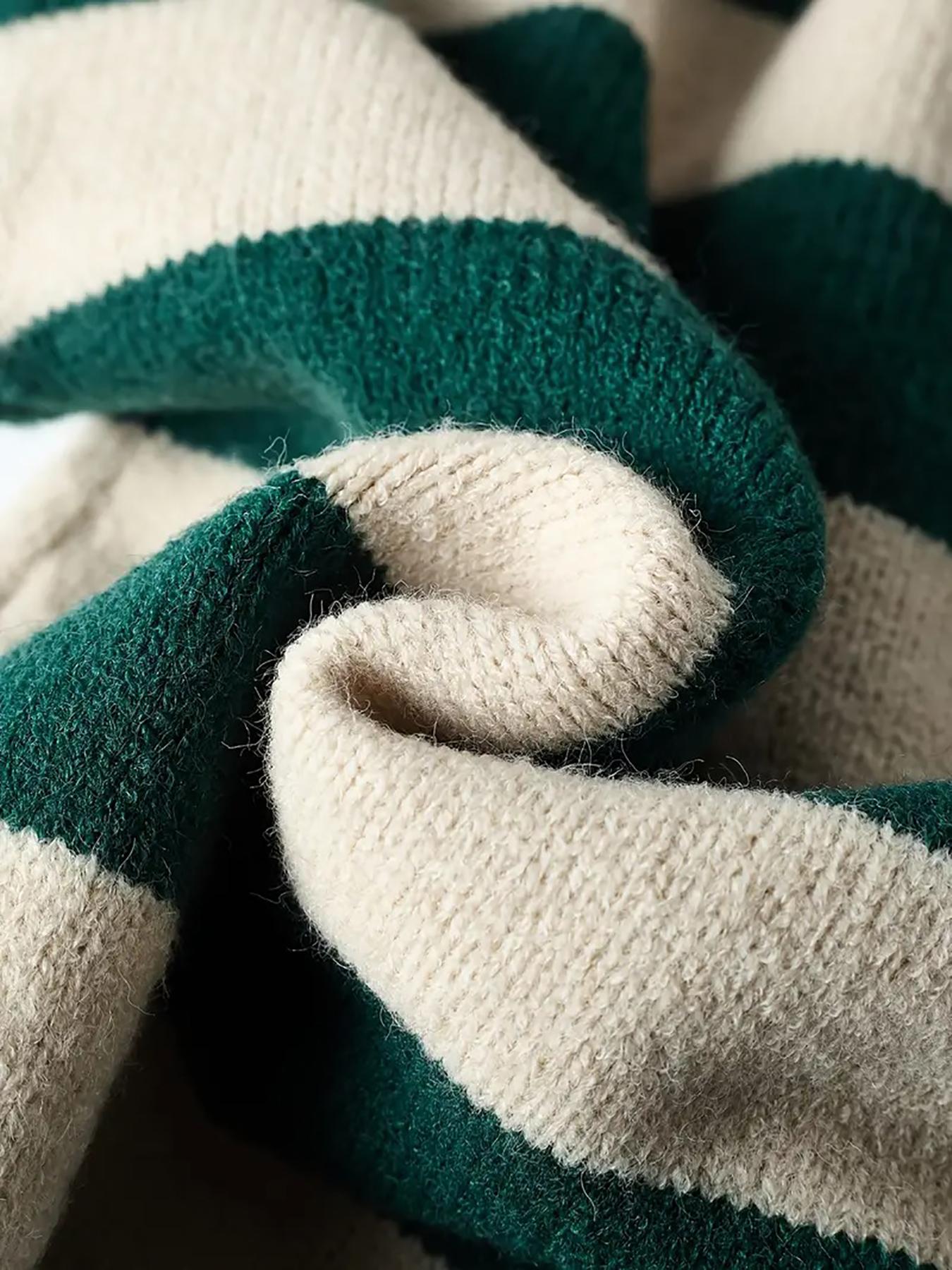 Women's Fall Winter Casual Loose-Fit Knitted Cardigan, Round Neck Colorblock Striped Sweater Coat, Soft Comfortable High-End Design