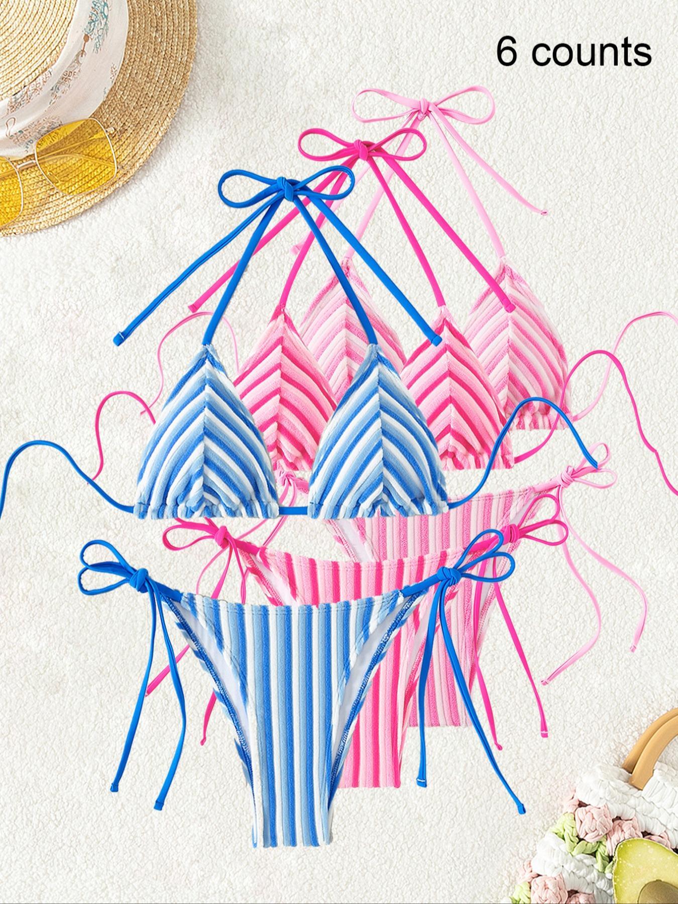 Two-piece Set Women's Striped Tie Back Bikini Set, Casual Fashion Chic Halter Neck Swim Bra & Tie Side Swim Panty Two Counts Swimsuit for Summer, Ladies Bathing Suit for Beach Holiday Vacation