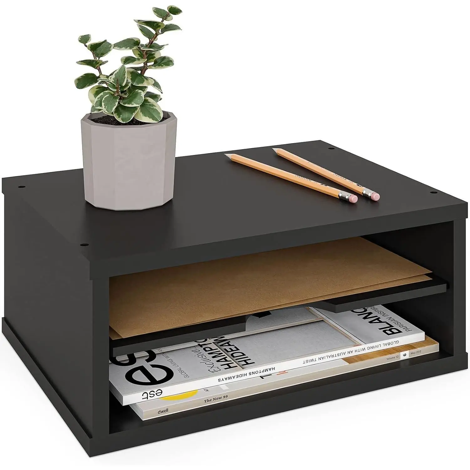 2-Tier File Organizer Document Paper Sorter, Stackable Wood Desk Organizer Mail Holder, Monitor Stand with Storage Shelves, Black