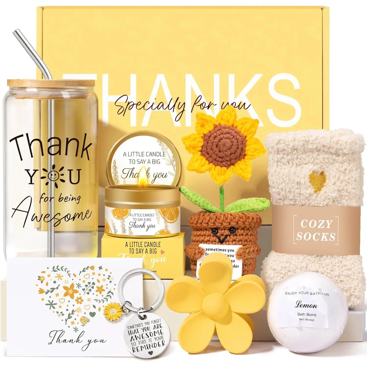 iAOVUEBY Sunflower-Lemon Crochet Gift Box with 16oz Thank You Cup, Teacher Appreciation Gift for Female Educators (Principal, Secretary) & Dental Assistants