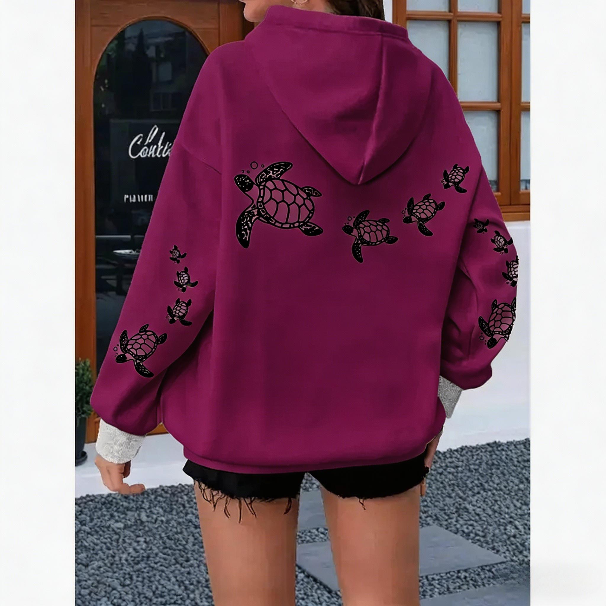 Women's plus-size loose hoodie with turtle print - pink and white casual pullover sweatshirt, kangaroo pocket and drawstring hood, machine washable, comfortable for all seasons, loose fit, soft fabric