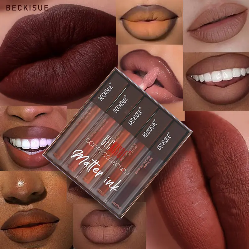 5Pcs Coffee Collection Matte Ink Liquid Lipstick Set, Nude Dark Brown Cocoa Shades Non-cracking Velvety Lip Tint Kit, Waterproof Longwear Gothic Neutral Lip Gloss for Daily Goth Makeup