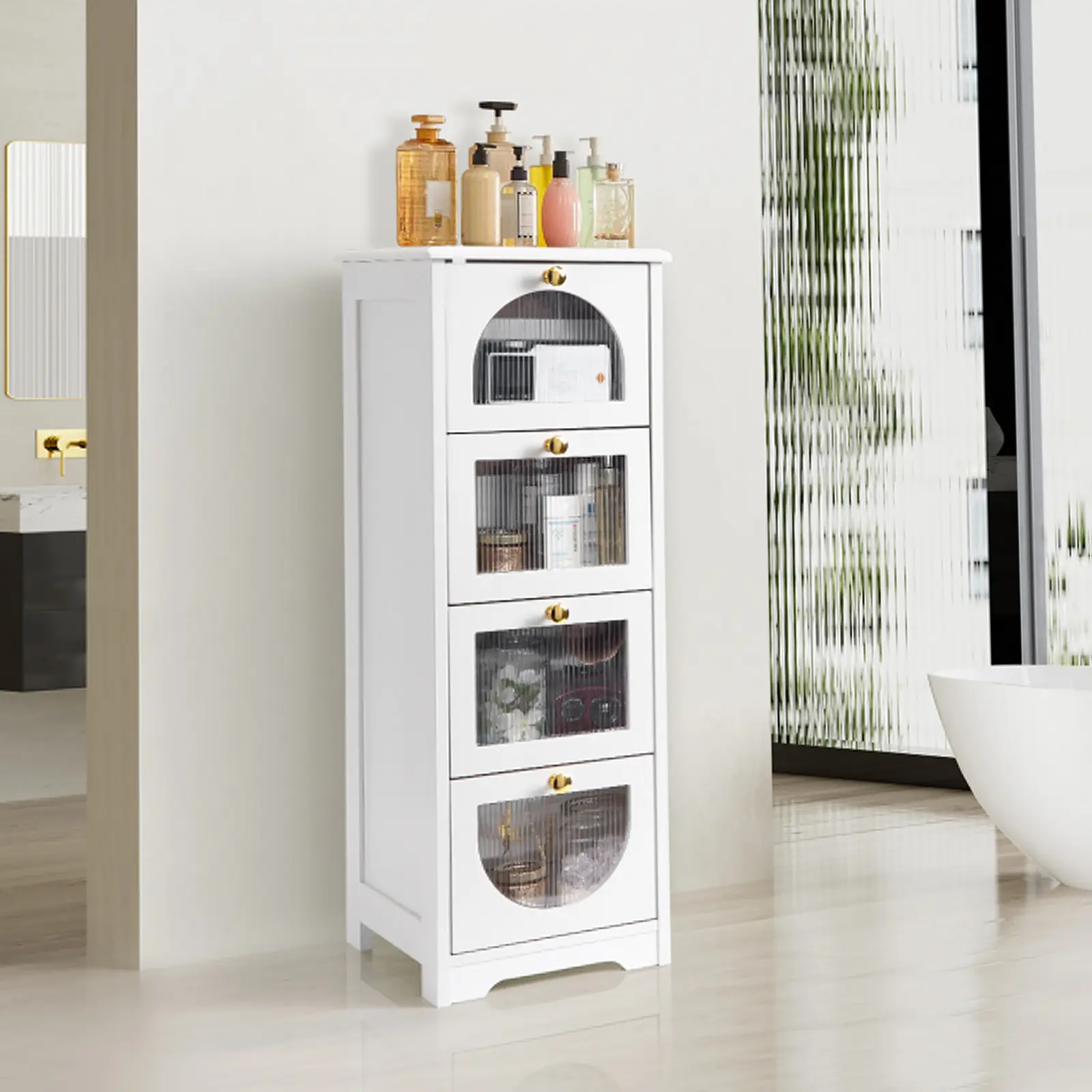 Narrow Bathroom Organizer Cabinet - Freestanding Wooden Unit with 4 Drawers - Compact Storage for Small Spaces - For Bathroom, Bedroom or Living Room