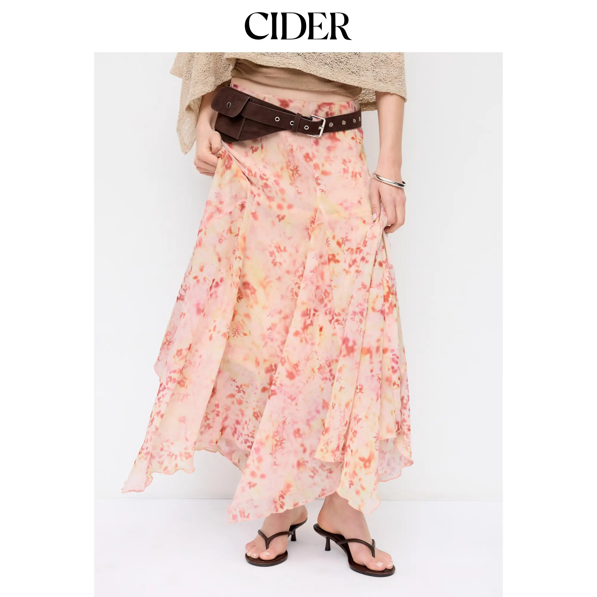 Cider Chiffon Floral Ruffled Asymmetrical Hem Flared Maxi Skirt