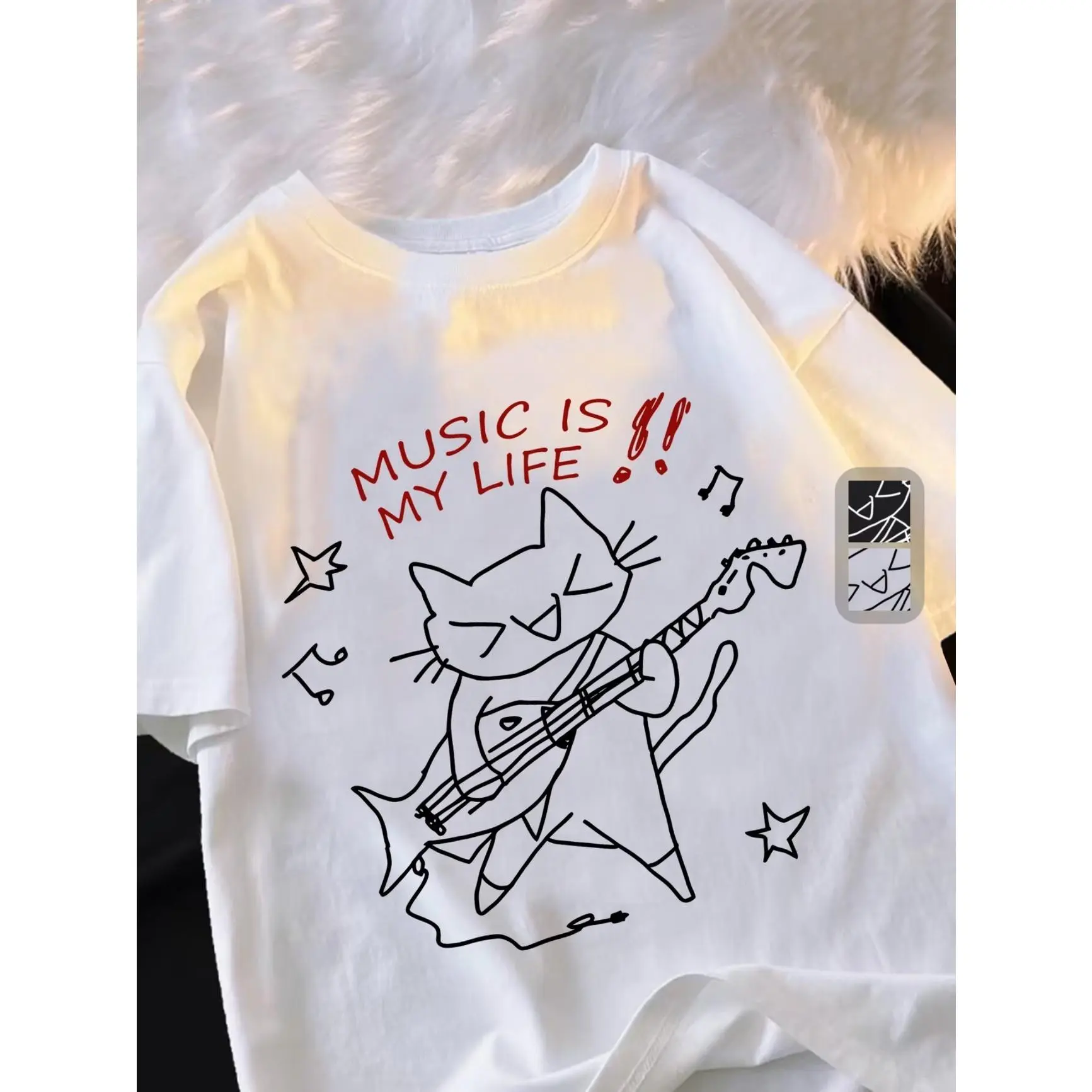 Cute Cat Playing Electric Guitar Graphic Oversized Cotton T-Shirt, Music Is My Life Fashion Comfort Outfit, Valentine’s Day Gift For Music Lovers, Perfect Present For Boyfriend Girlfriend Family Friends Daily Holiday Wear