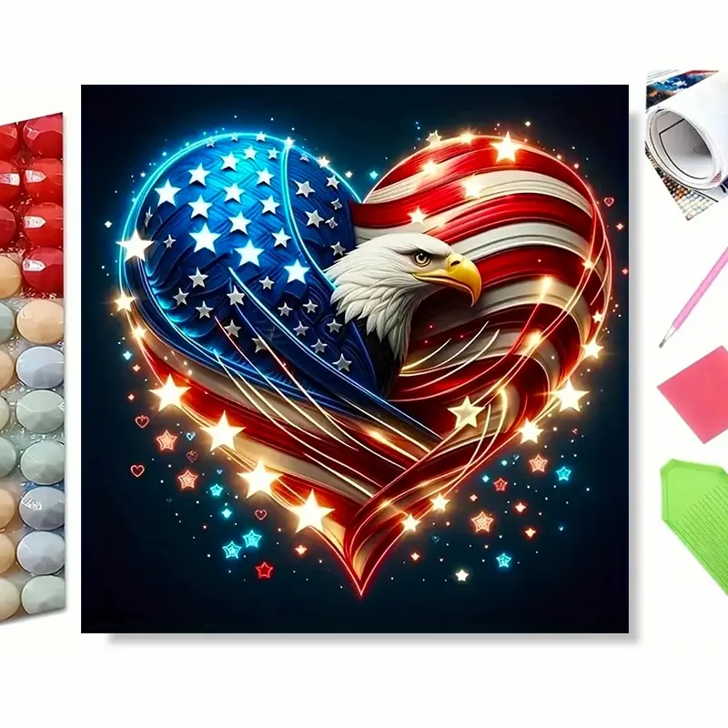 5D Diamond Painting Kit Patriotic Heart Shaped American Flag With Bald Eagle, Glowing Sparkling Stars Design, Full Drill DIY Diamond Mosaic, Independence Day Themed Wall Decor, Great Gift For Holiday & Home Decoration
