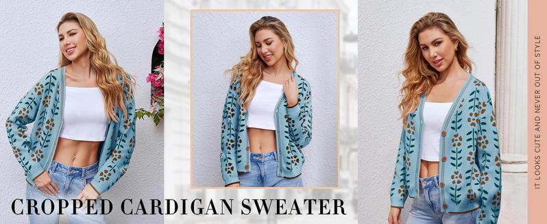 Saodimallsu Womens Floral Print V Neck Cardigan Open Front Button Down Knit Sweater Long Sleeve Loose Fashion Tops