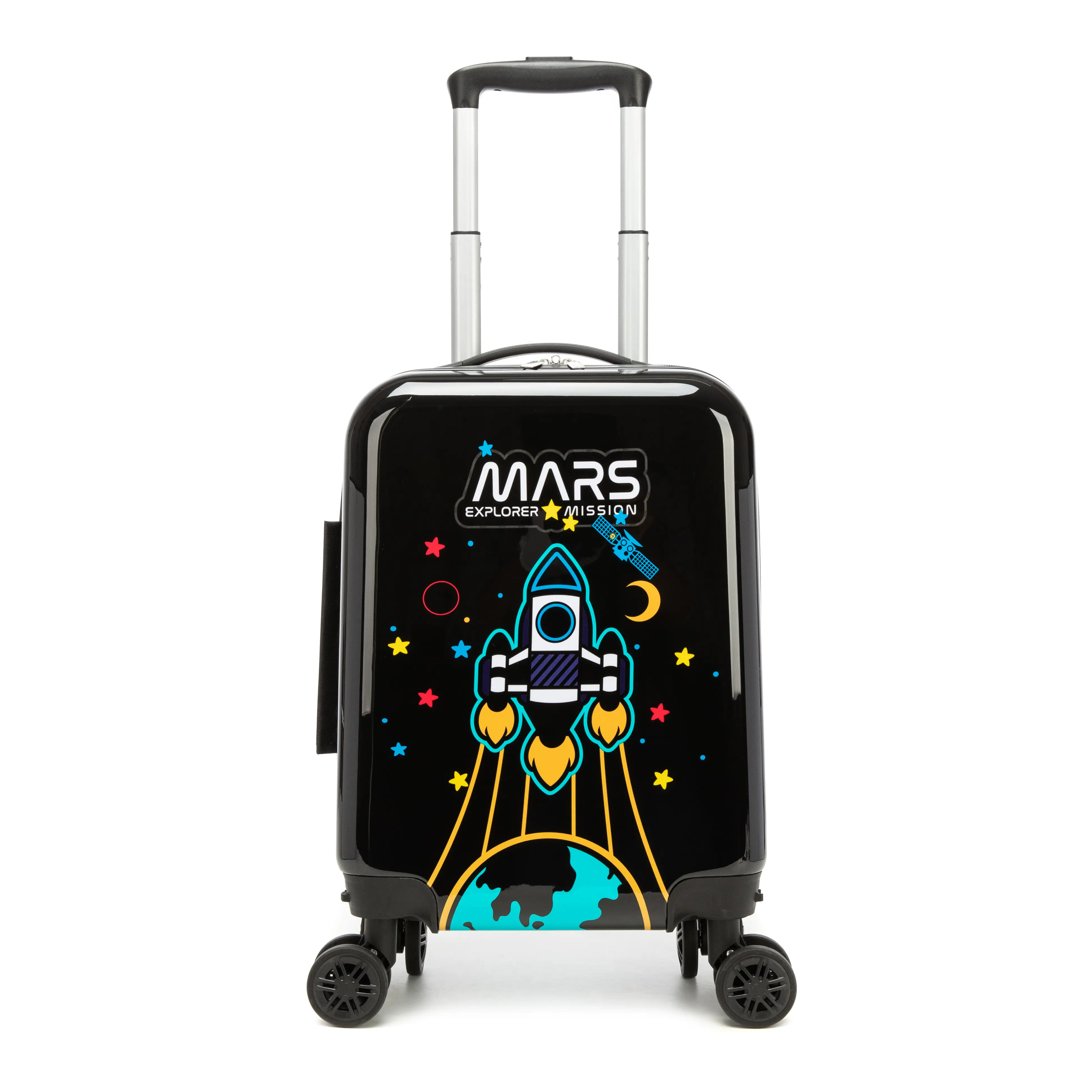 Kids Hardside Spinner Luggage | Black Space Rocket Mars Explorer Carry On Suitcase with Wheels for Boys | Cute Astronaut Galaxy Travel Suitcase 2026