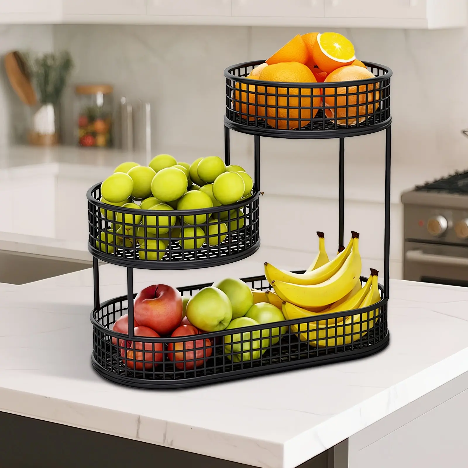 3-Tier Metal Produce Storage Stand, durable open-design organizer with large capacity layered baskets for fruits vegetables and snacks, countertop and floor storage solution for kitchen, dining room and home organization