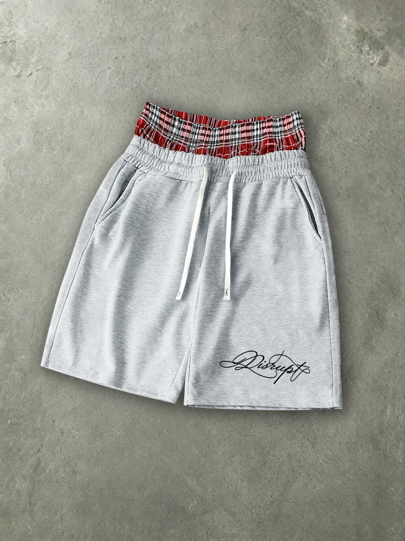Y2K Layered Plaid Double Waistband Baggy Shorts Streetwear Script Embroidery Wide Leg Sweat Shorts Wrinkle Resistant Draped Loose Fit Shorts for Summer Street Outfit