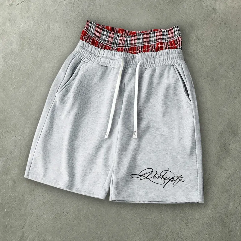 Y2K Layered Plaid Double Waistband Baggy Shorts Streetwear Script Embroidery Wide Leg Sweat Shorts Wrinkle Resistant Draped Loose Fit Shorts for Summer Street Outfit Street Style Casual