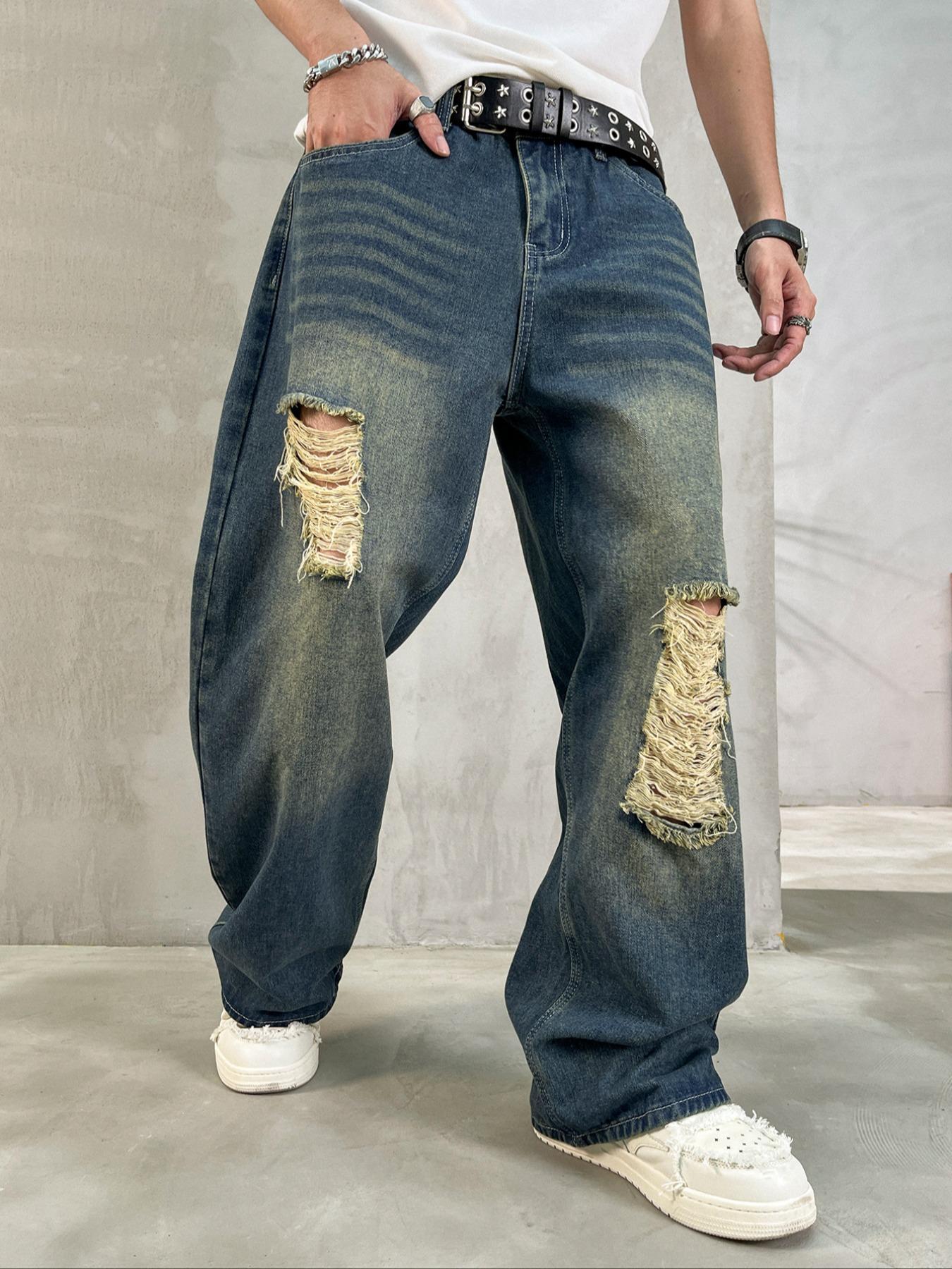 Men's Vintage Wash Distressed Straight Leg Light Wash Jeans, Loose Casual Comfy Denim Jeans for Daily Wear, Wide Leg Jeans for Men, Men's Denim Jeans for All Seasons