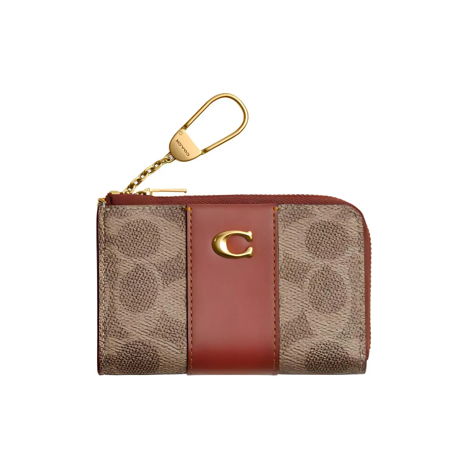 COACH Essential 11 Zip Key Pouch – Coated Canvas and Calfskin, Unisex, Metallic Logo, Brass and Tan