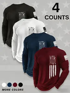 Men's Round Neck Long Sleeve T-Shirt Set, Casual Knit Polyester Top, Slightly Elastic Basic Style, Geometric Print, Spring & Fall