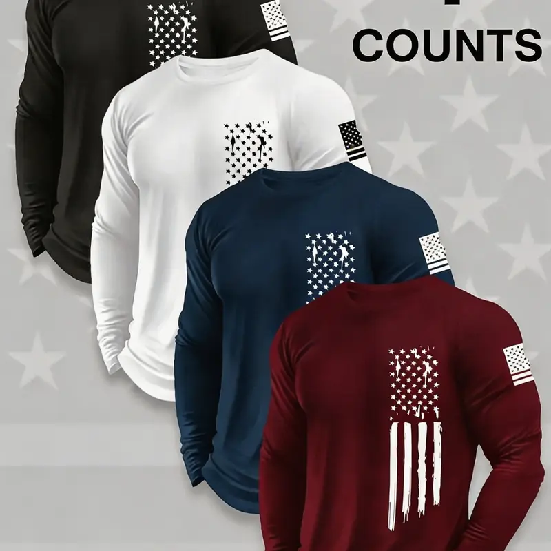 Men's Round Neck Long Sleeve T-Shirt Set, Aesthetic Casual Knitwear, Casual Knit Polyester Top, Slightly Elastic Basic Style, Geometric Print, Spring & Fall