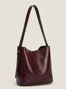 Elegant Large-Sized Loose Shoulder Bag, Adjustable Handbag, High-Gloss Wine, Artificial Leather, Crossbody/shoulder Bag, All Seasons
